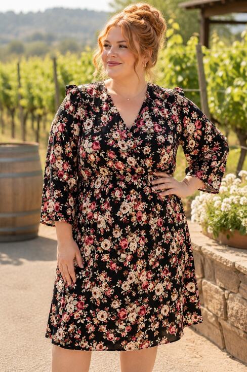 Fraiche By J Dresses & Skirts - Fraiche by J XL Floral Faux Wrap Dress Black Pink Roses NWT
